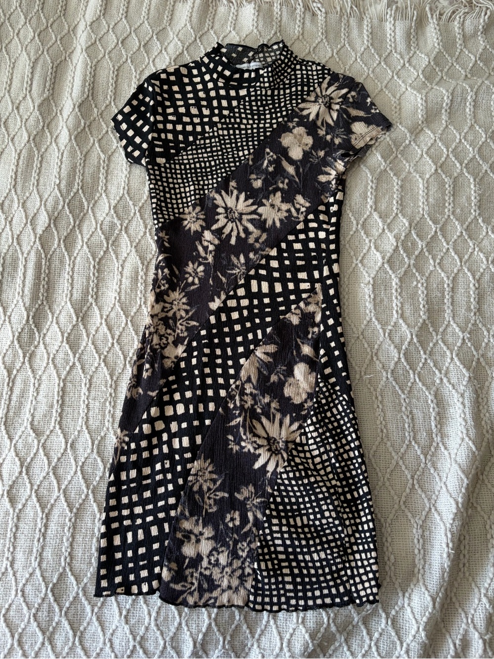 Urban Outfitters Black and Cream Mixed-Print Mini Dress